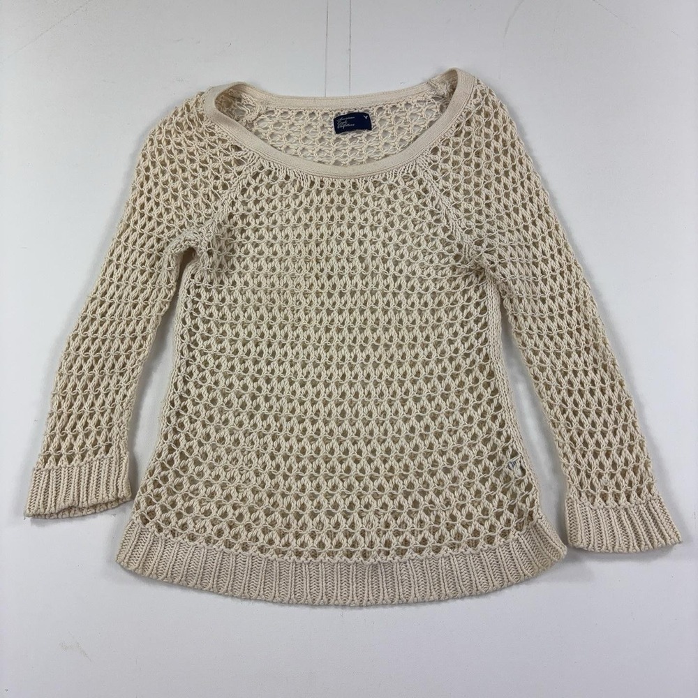 American Eagle Womens M Cream Open Knit Crochet Sweater Ramie Fish Net Boho